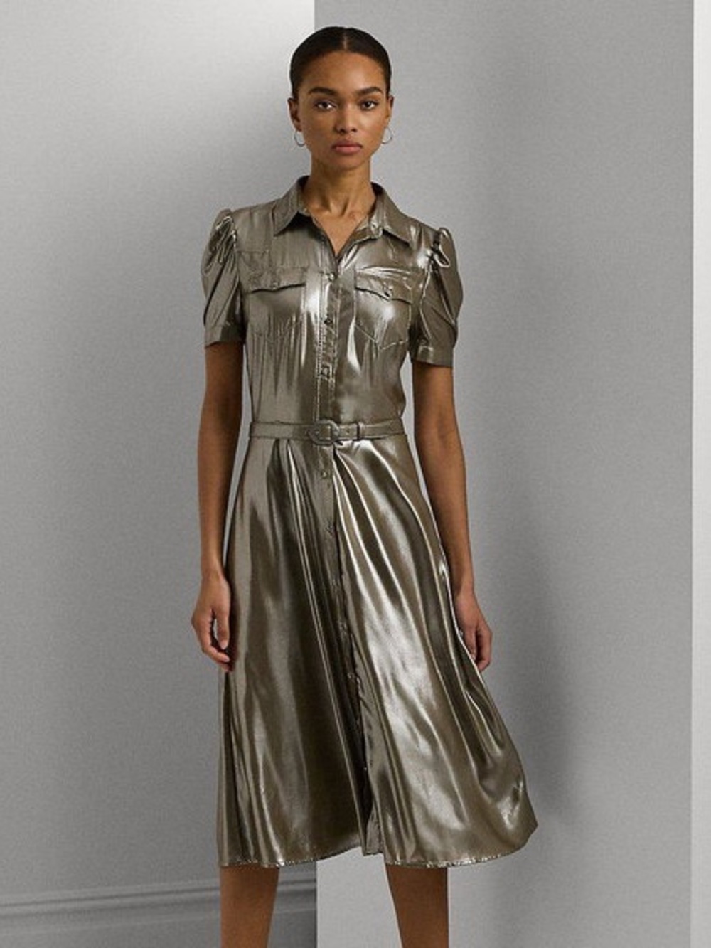 LAUREN RALPH LAUREN Belted Metallic Chiffon dress size 6 missing belt